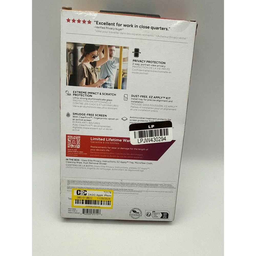 Zagg Glass Elite Privacy iPhone 16/15 OS Clear New‎ Screen Protector 5X Stronger
